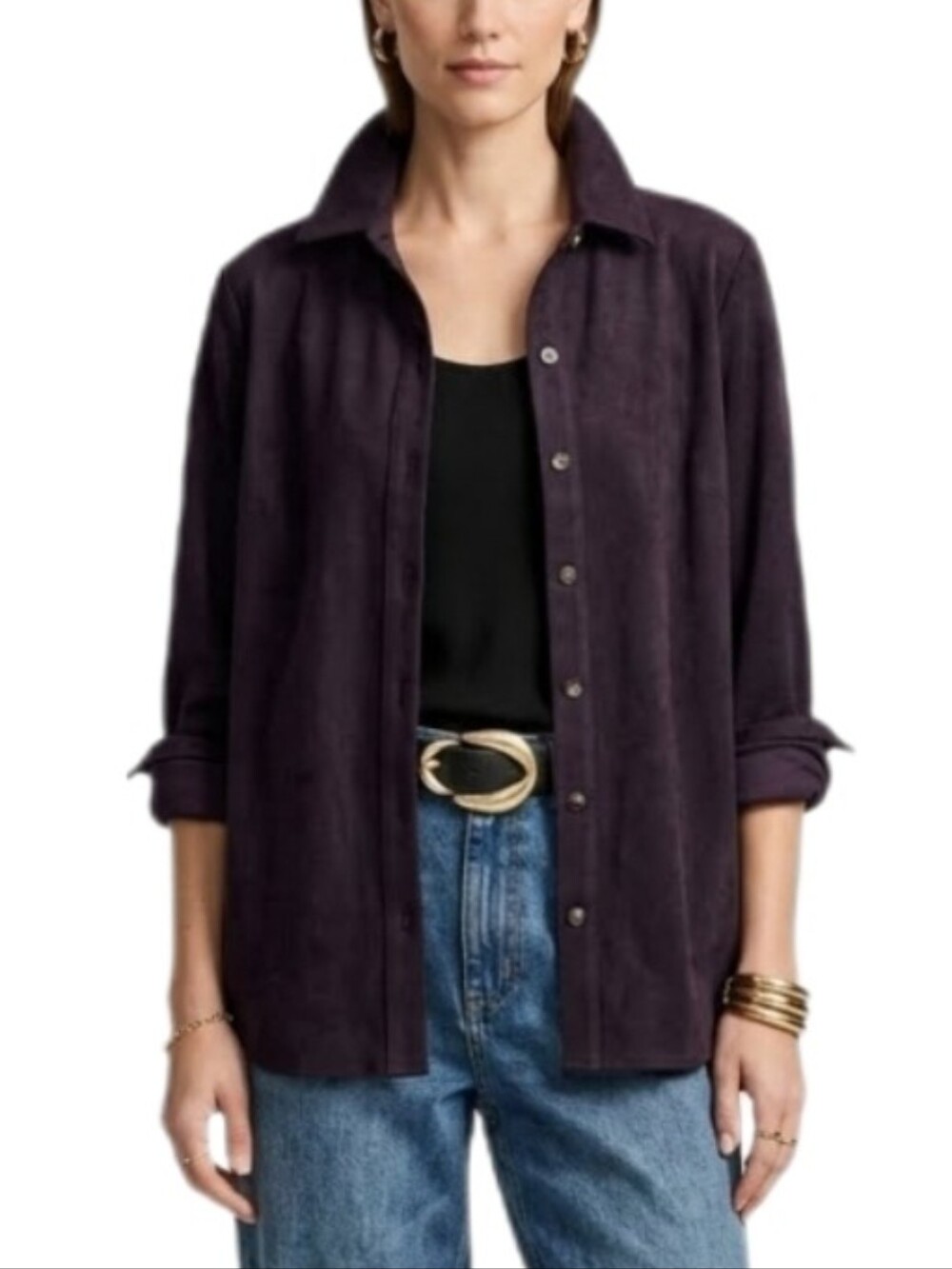 Talbots Faux Suede Stretch Button Up Boyfriend Shirt Black Size M